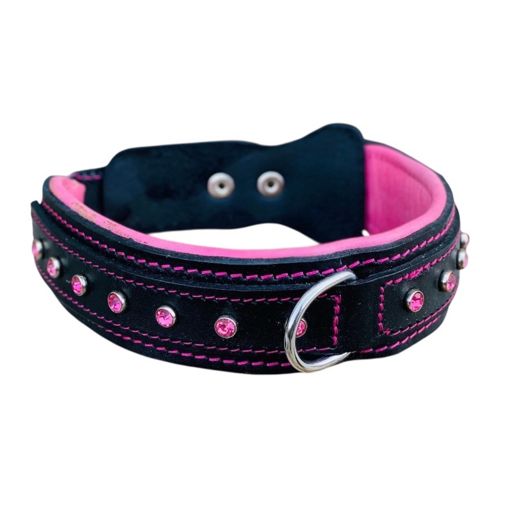 Black and Pink Genuine Leather Dog Collar with Pink Stones